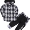 Toddler Baby Boys Clothes Plaid Panel Long-sleeve Hooded Shirt + Sweatpants Fall Winter Outfits Set