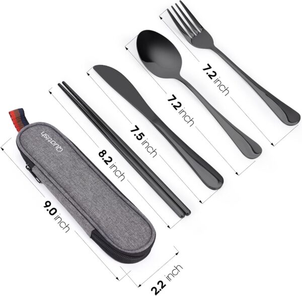 Travel Utensils with Case, Quatish Portable Silverware Set for Work, Stainless Steel Reusable Travel Cutlery Set, Fork and Spoon Set for Camping, Picnic, Gadgets, Lunch Box for Men, Black