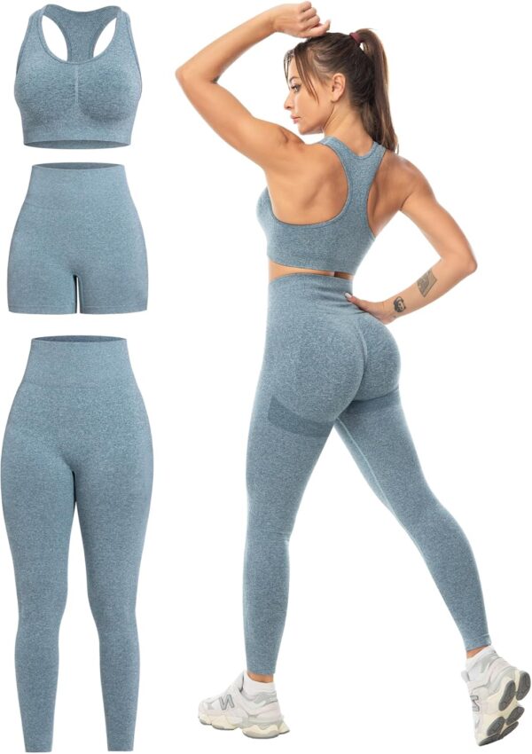 3 Piece Workout Sets for Women Butt Lifting Leggings with High Impact Sports Bra Gym Shorts