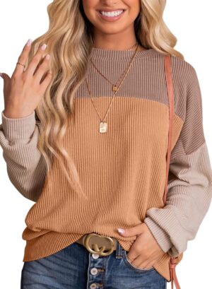 Dokotoo Womens Fashion 2025 Color Block Long Sleeve Crewneck Knitted Casual Loose Pullover Shirts Tops