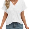 Womens Cap Sleeve Summer Tops V Neck Eyelet Embroidery T Shirts Loose Fit Casual Fashion Clothes