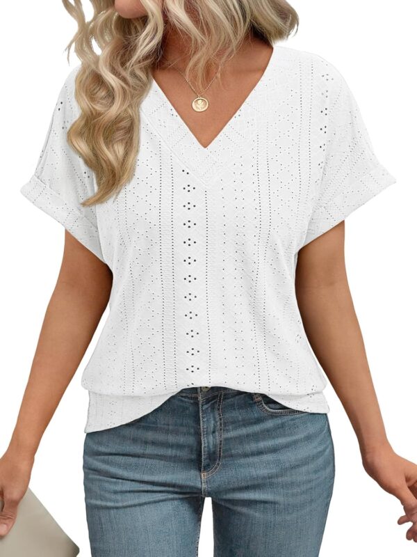 Womens Cap Sleeve Summer Tops V Neck Eyelet Embroidery T Shirts Loose Fit Casual Fashion Clothes