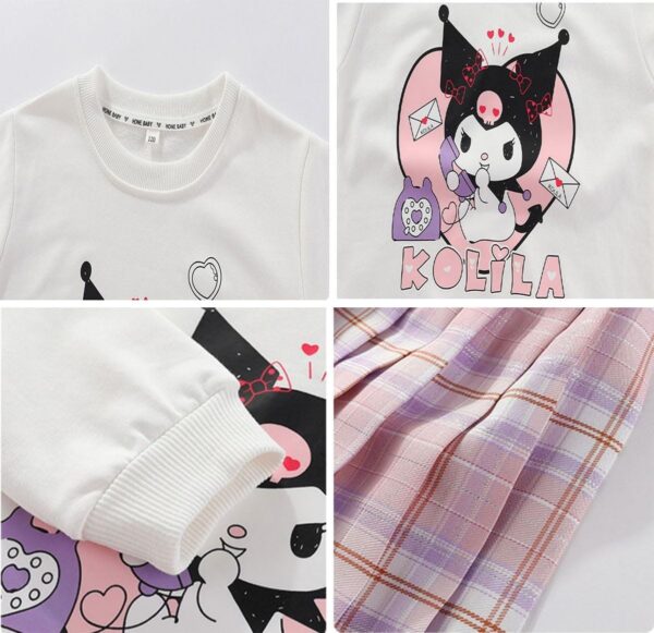 Ku-romi Girls 3 Piece Outfits Cartoon Crewneck Long Sleeve Pullover Sweatshirt + Plaid Pleated Mini Skirt + Bag Sets