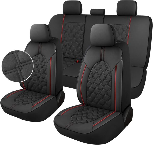 YGL Luxury PU Leather Car Seat Covers Full Set, Non-Slip Seat Cover Protectors, Universal Fit for Cars, Trucks, SUVs, Vans, Pickups, Airbag Compatible, Seat Covers for Car Interior (Black/Red)