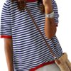 Dokotoo Womens Tops Casual Summer Crewneck Short Sleeve Striped Color Block Knit High Low Trendy Pullover Sweaters