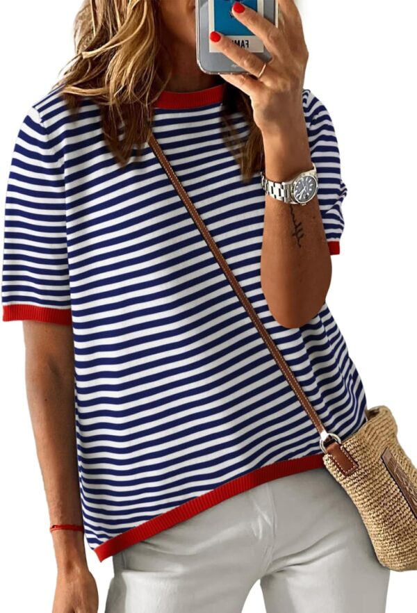 Dokotoo Womens Tops Casual Summer Crewneck Short Sleeve Striped Color Block Knit High Low Trendy Pullover Sweaters