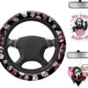 Halloween Pink Ghost Steering Wheel Cover Horror Movie Car Accessories for Men Women with 2 Car Air Freshener, 15 Inch Anti-Slip Car Steering Wheel Covers Universal Fit