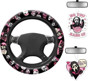 Halloween Pink Ghost Steering Wheel Cover Horror Movie Car Accessories for Men Women with 2 Car Air Freshener, 15 Inch Anti-Slip Car Steering Wheel Covers Universal Fit