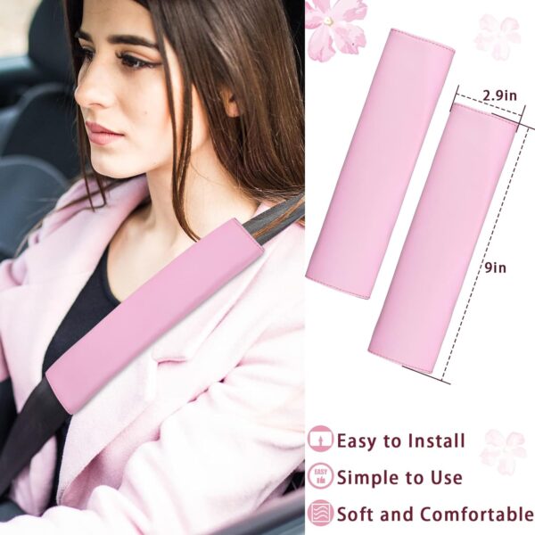 15 Pcs Pink Bling Car Accessories Set Valentine's Day Gift Leather Steering Wheel Cover Seatbelt Cover Car Ring Sticker Center Console Pad USB Port Flower Air Vent Clip