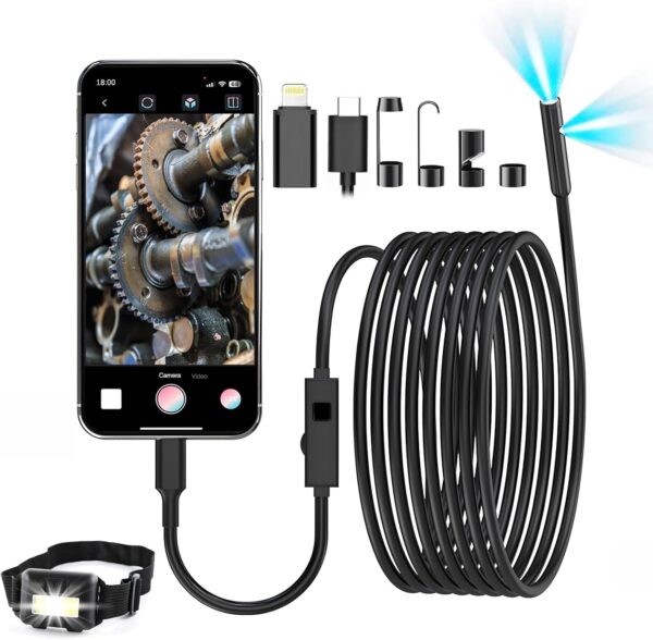 iPhone Endoscopy Camera with Lights,Dual Lens,1920P,16.5ft Semi-Rigid Serpentine Cable IP67,Borescope Camera with 8+1 LED Lights for iPhone and Samsung, with LED Headlight,Cool Gadget for Men Gifts