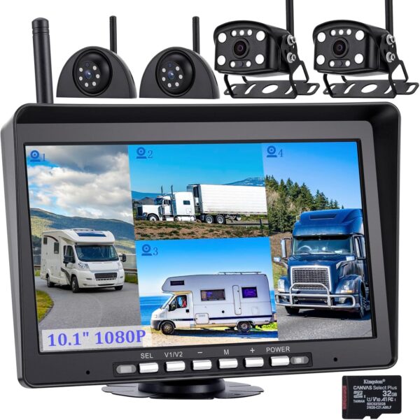 10.1" Wireless Backup Camera System, 1080P DVR Recording Monitor, IP68 Waterproof Night Vision Rear Side Cameras for Truck/Trailer/Camper, 32GB SD Card Included