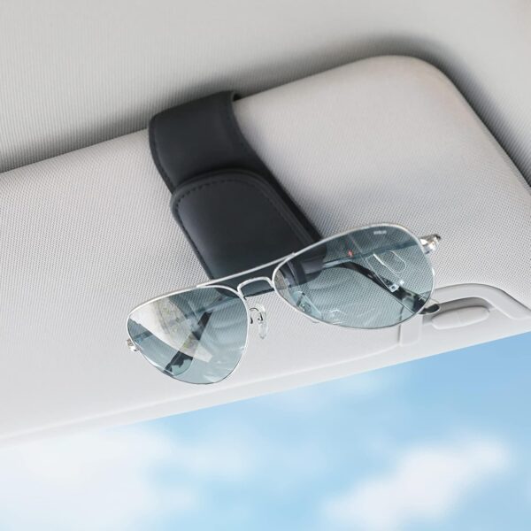 Sunglass Holder for Car Visor Sunglasses Clip Magnetic Leather Glasses Eyeglass Holder Truck Interior Car Accessories for Woman Man -Black