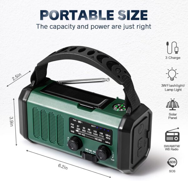 10000mAh Crank Radio, Emergency Radio, Solar Radio, NOAA/AM/FM Weather Radio, USB Type-C Charging, Dynamo Radio, Polymer Battery, Torch & LED Reading Light, SOS Alarm, Compass for Camping