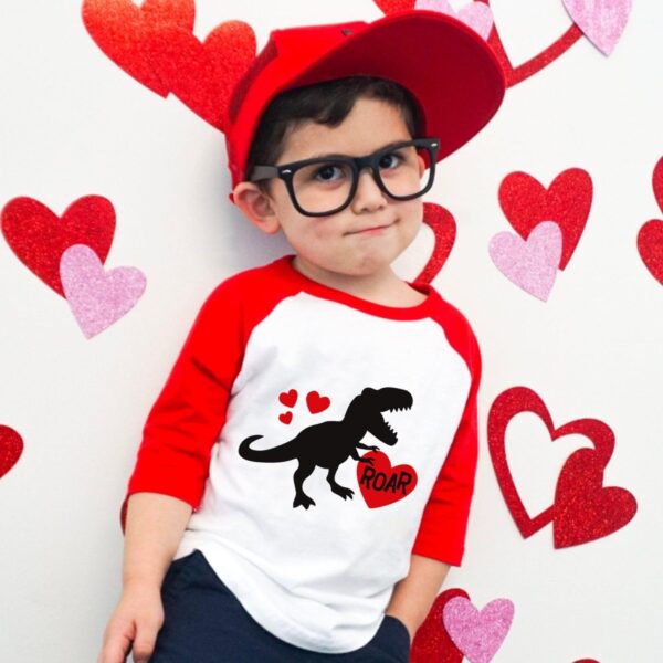 Kids Valentines Day Shirt Boys Girls Valentine's Monster Truck Dinosaur Heart Graphic Tees Raglan Toddler Long Sleeve Tops