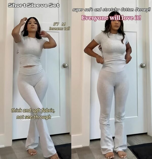 Women's 2 Piece Lounge Outfits Slim Short Sleeve Tops Low Rise Flare Leggings Sets Yoga Sweatsuit