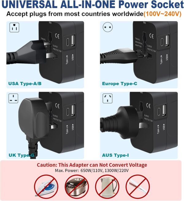 Travel Adapter with USB C, Universal All in One Worldwide Travel Adapter Power Converters Wall Charger AC Power Plug Adapter USB Type C Charging Ports for USA EU UK AUS Black