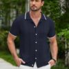 COOFANDY Men's Knit Button Down Shirt Vintage Short Sleeve Polo Shirts Casual Beach Tops