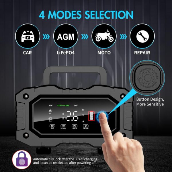 YONHAN Battery Charger 0-20A 12V/24V LiFePO4 Lead Acid Fully Automatic Battery Maintainer, Car Battery Trickle Charger Automotive w/Battery Repair, Winter Mode, for AGM, STD, Gel, Deep Cycle Batteries