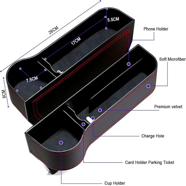 Car Seat Gap Filler Organizer, 2 Pack Multifunctional Car Seat Organizer, Auto Console Side Storage Box with Cup Holders 2 Seat Hooks for Drink, Car Organizer Front Seat for Holding Phone, Sunglasses