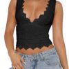 REORIA Womens Sexy V-Neck Sleeveless Double Lined Going Out Y2K Trendy Lace Cropped Tank Tops