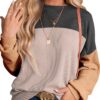 Dokotoo Womens Fashion 2025 Color Block Long Sleeve Crewneck Knitted Casual Loose Pullover Shirts Tops