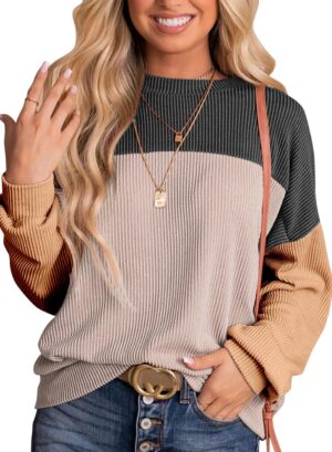 Dokotoo Womens Fashion 2025 Color Block Long Sleeve Crewneck Knitted Casual Loose Pullover Shirts Tops