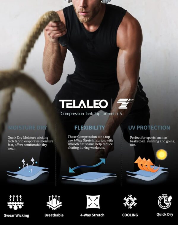 TELALEO 5 Pack Men's Athletic Compression Shirts Sleeveless Workout Tank Top Sports Base Layer Running Basketball