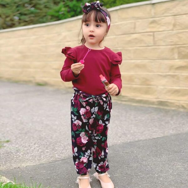 SANMIO Toddler Girl Clothes Outfits Cute Ruffle Sleeve Shirt Floral Pant+Headband 3Pcs Baby Girl Clothing Set 1-6T