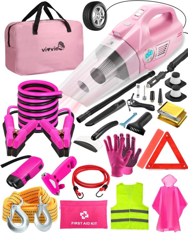 Roadside Emergency Car kit for Vehicles, with 4 in 1 Inflatable Car Vacuum Cleaner, Pink Jumper Cables, First Aid Kit, Tow Rope, Vehicle Road Trip Must Haves Pink Accessories for Women