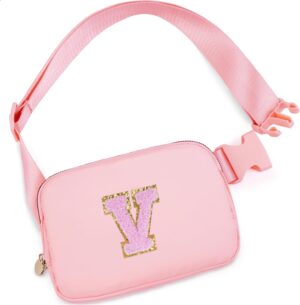 Personalized Belt Bag for Women Girls - Fashion Mini Waist Packs with Adjustable Strap - Trendy Travel Fanny Pack Crossbody Bags with Initial Letter - Teen Gifts | Peach,V