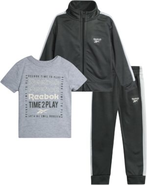 Reebok Boys' Pants Set - 3 Piece Tricot Short Sleeve T Shirt with Athletic Zip Up Jacket and Jogger Pants Set for Boys 12M-7