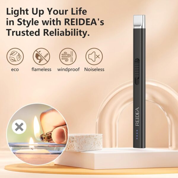 REIDEA Electric Lighter Candle Lighter, Windproof Flameless USB Rechargeable Arc Retractable Lighter with Safe Button and Power Indicator for Candle, BBQ and Fireworks, R1 Flat, Obsidian Black