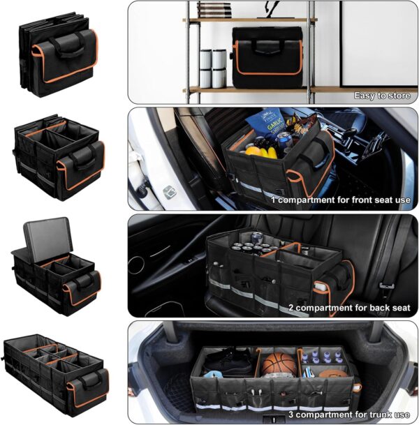 Car Trunk Organizer and Storage with Lid & Removable Leakproof Cooler Bag, Car Accessories 6 Removable Dividers for Custom Space, Collapsible Large Trunk Organizers Interior for SUV Sendan with Cover