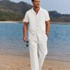 COOFANDY Men 2 Piece Linen Outfit Beach Button Down Shirt Casual Loose Pant Sets