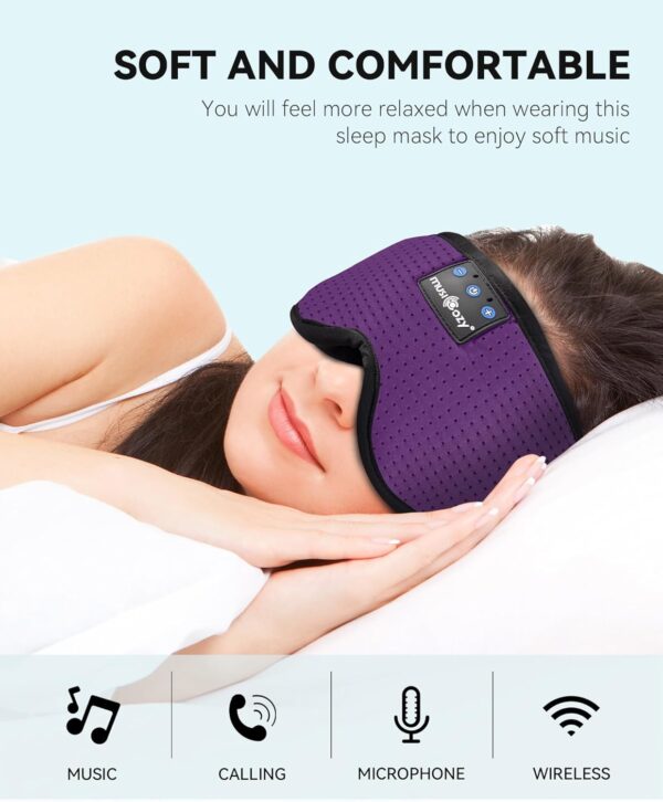 MUSICOZY Sleep Headphones Masks, Bluetooth Sleep Eye Mask for Sleeping for Side Sleepers, Sleeping Masks Headphones Wireless Music Mask Men Women with Speakers Cool Tech Gadgets Gifts(Purple)