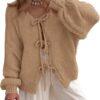 PRETTYGARDEN Women's Tie Front Bow Cardigan Sweaters Chunky Knit Long Puff Sleeve Trendy Fall Winter Jacket Coats