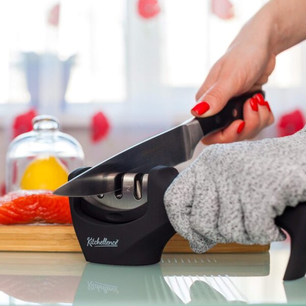 4-in-1 Kitchen Knife Accessories: 3-Stage Knife Sharpener Helps Repair, Restore, Polish Blades and Cut-Resistant Glove (Black)