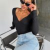 Trendy Queen Womens Tops Trendy Fashion Clothes Going Out Long Sleeve Shirts V Neck Basic Y2K Cute Shirt Slim Fitted Corset