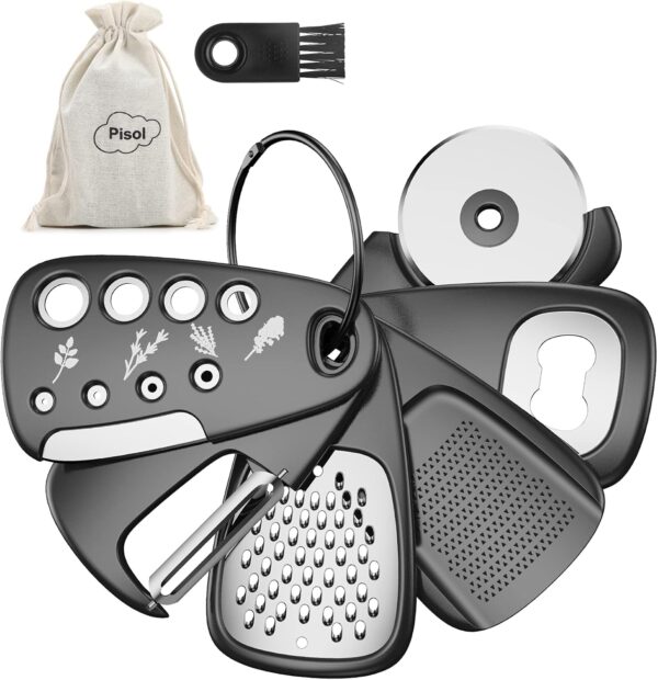 Kitchen Unique Gadgets Set 6 Pieces, Space Saving, Cheese Grater, Bottle Opener, Fruit Vegetable Peeler, Pizza Cutter, Garlic Ginger Grinder, Herb Stripper Gift Set