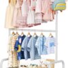 Double Rod Kids Clothing Rack for Hanging Clothes, Small Dress up Storage with Bottom Shelf, Metal Garment Rack for Shirts, Dance Costumes, and Baby Clothes (White)