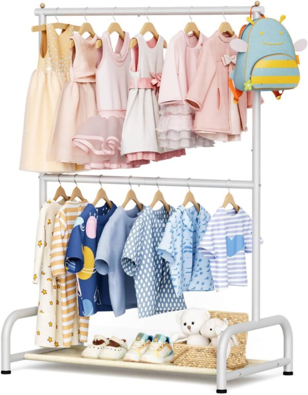 Double Rod Kids Clothing Rack for Hanging Clothes, Small Dress up Storage with Bottom Shelf, Metal Garment Rack for Shirts, Dance Costumes, and Baby Clothes (White)