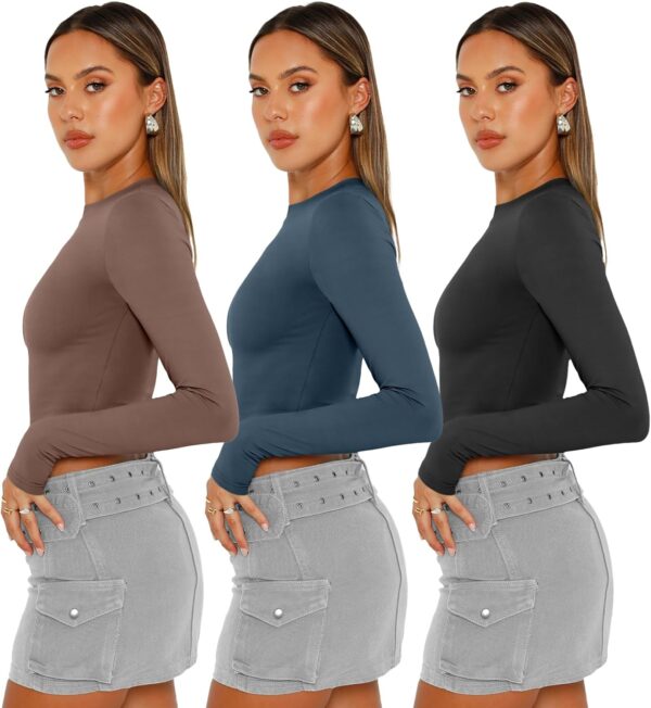 AUTOMET 3 Pack Womens Long Sleeve Shirts Y2K Going Out Crop Tops Cute Basic Slim Fitted Fall Fashion Outfits 2025 Clothes