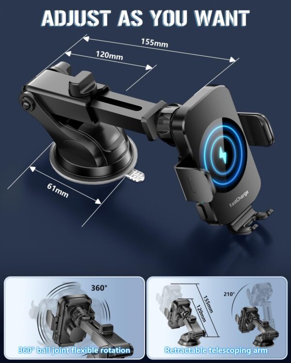 Wireless Car Charger, Fast Charging Phone Holder 3 in 1 Phone Mount Auto Clamping Car Accessories Compatible with iPhone 16 15 14 13 12 11 Xs XR, Samsung S23 Ultra S22 S21 S20/S10+ S9+ Note 9