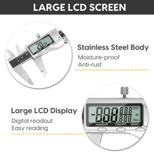 Digital Caliper Measuring Tool, 6 Inch Caliper Tool with Large LCD Screen, Easy Switch from Inch Millimeter Fraction, Stainless Steel Vernier Caliper Digital Micrometer for DIY/Household