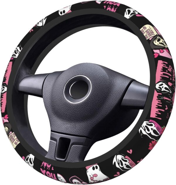 Halloween Pink Ghost Steering Wheel Cover Horror Movie Car Accessories for Men Women with 2 Car Air Freshener, 15 Inch Anti-Slip Car Steering Wheel Covers Universal Fit