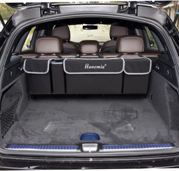 Car Trunk Organizer and Storage, Backseat Hanging Organizer for SUV, Truck, MPV, Waterproof, Collapsible Cargo Storage Bag with 4 Pockets, Car Interior Accessories for Men and Women (Black)