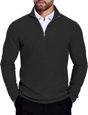 COOFANDY Men's Quarter Zip Sweaters Slim Fit Lightweight Knitted Mock Neck Pullover Casual Polo Sweaters