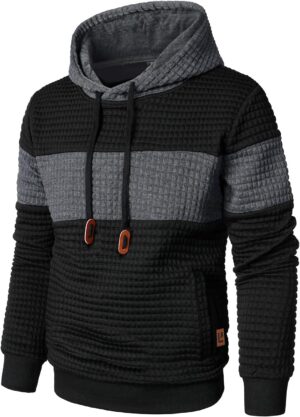 Men’s Sweatshirts Long Sleeve Pullover Patchwork Plaid Jacquard Hoodie Casual Drawstring Hoody Top