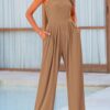 PRETTYGARDEN Womens Summer Jumpsuits Dressy Casual One Piece Outfits Sleeveless Mock Neck Wide Leg Pants Rompers with Pockets