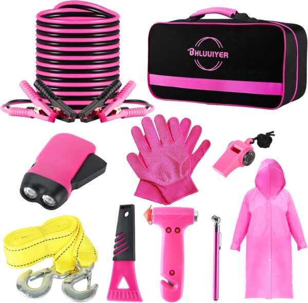 Car Emergency Kit, Pink Roadside Emergency Car Kit with Jumper Cables, Tow Rope, Safety Hammer, Pink Car Accessories for Women